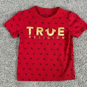 True Religion Shirt Boys 5 Red Spellout All Over Print Short Sleeve Kids